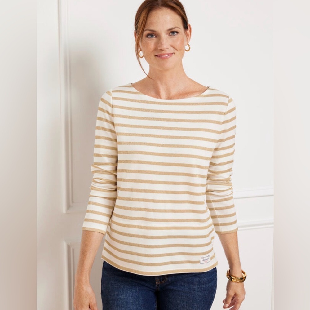 Talbots Authentic Tee Metallic Stripe | White Gold | Size XL